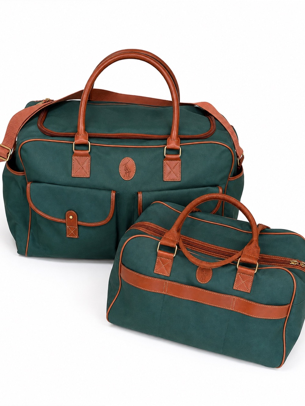 Vintage Polo Ralph Lauren Green Canvas Leather Trim 2-Piece Duffle Weekender Tra